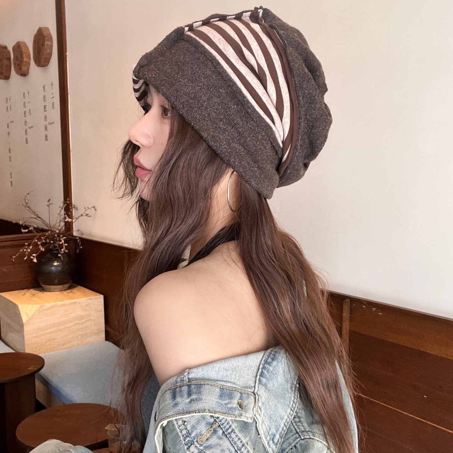 韩版条纹拼色2025新款宽松保暖小众设计包头堆堆帽女套头帽显脸小