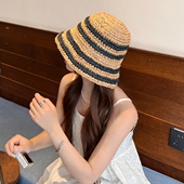 水桶渔夫帽度假沙滩帽可折叠草帽ins夏季 韩版 大檐条纹遮阳帽时尚