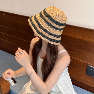 韩版大檐条纹遮阳帽时尚水桶渔夫帽度假沙滩帽可折叠草帽ins夏季