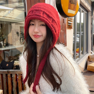可爱系绳堆堆帽冬季羊毛针织保暖套头帽女安可拉红针织毛线护耳帽
