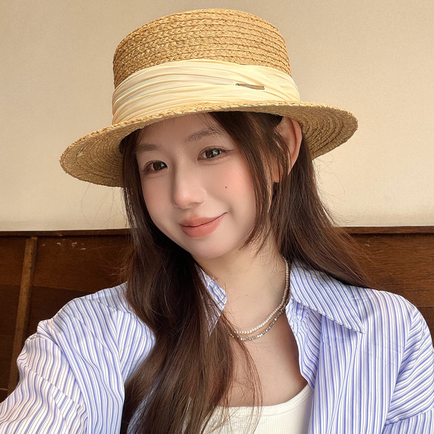 韩国拉菲草帽平顶帽子女2025新款夏季海边度假礼帽防晒遮阳太阳帽