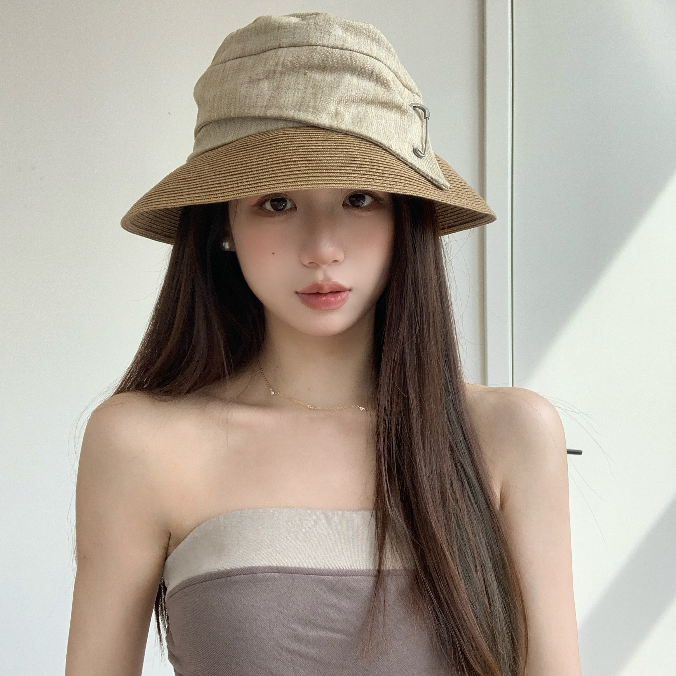 韩系小众设计棉麻拼接渔夫帽子女夏季2026新款防晒显脸小遮阳草帽