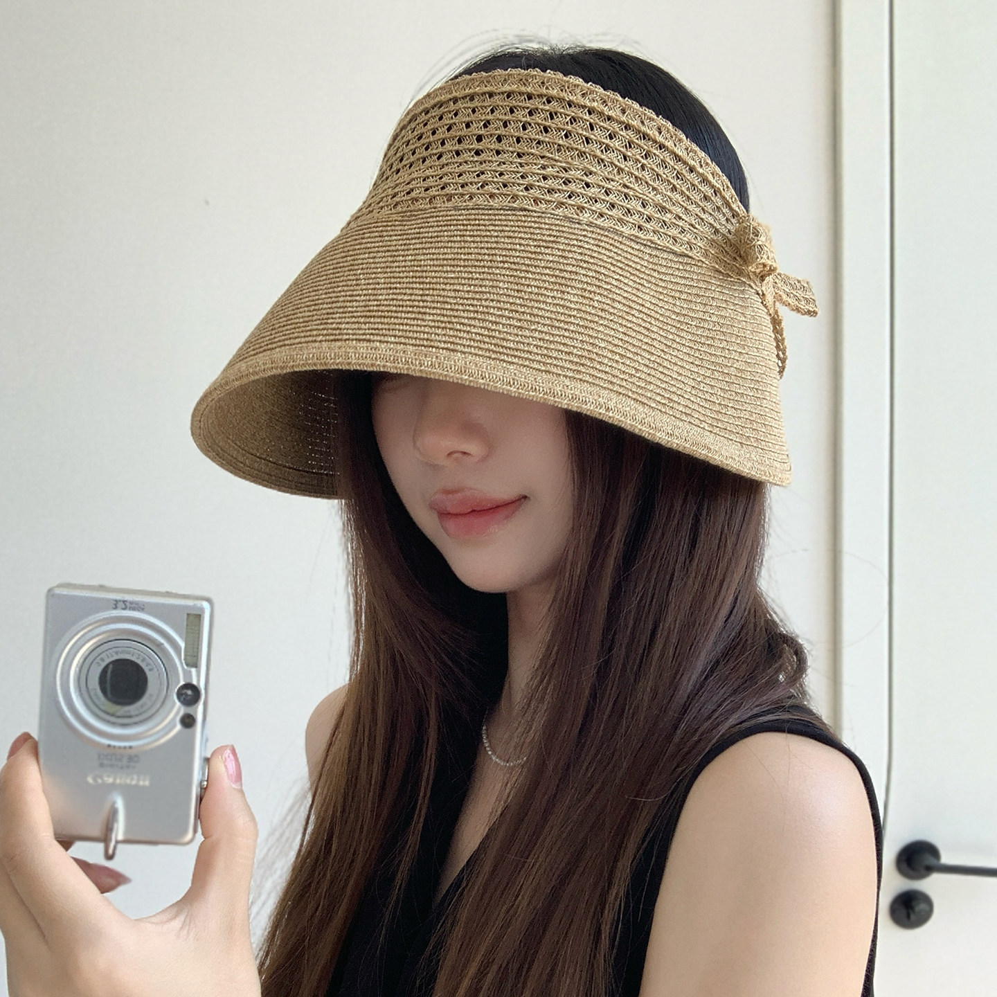 日系蝴蝶结草编空顶帽女款夏季出游高品质遮阳帽子气质百搭防晒帽