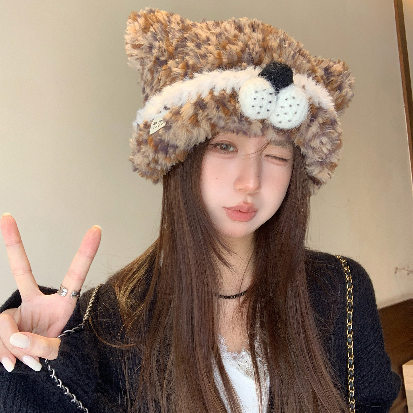 新款可爱猫耳混线毛绒针织帽