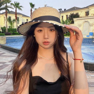 巴拿马度假风平顶麦秆手工草帽遮阳防晒休闲防紫外线平沿沙滩帽女