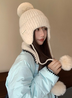 白色护耳针织帽女2025冬季韩系大头围毛线帽包头保暖毛球秘鲁帽子