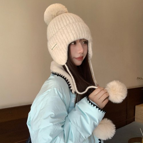 白色护耳针织帽女2025冬季韩系大头围毛线帽包头保暖毛球秘鲁帽子
