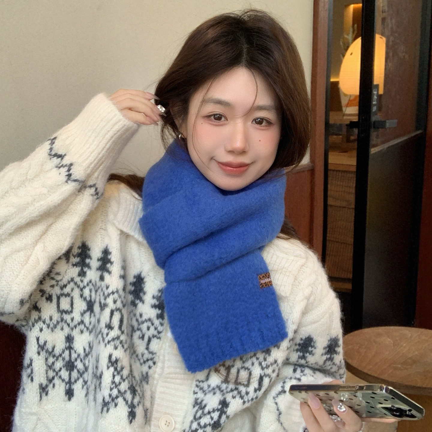 韩版针织毛线围巾女冬季蓝色长方