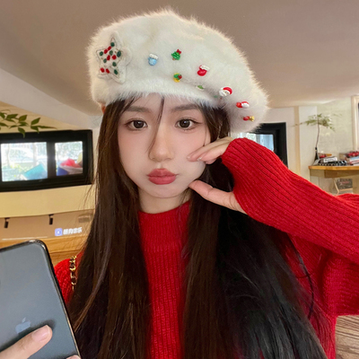 贝雷帽逛街圣诞氛围女秋季毛绒绒