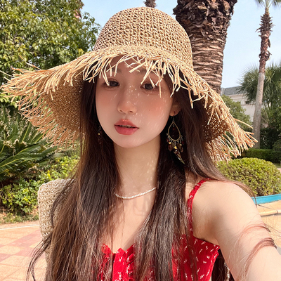 草帽女夏天手工大檐毛须边