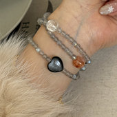 新中式 天然灰月光白阿塞爱心黑曜石三圈手串冬季 清冷百搭叠戴女