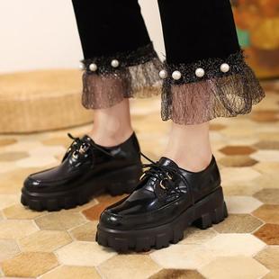 春季新款绑带松糕鞋真皮厚底防滑单鞋大码鞋40-43系带中跟皮鞋女