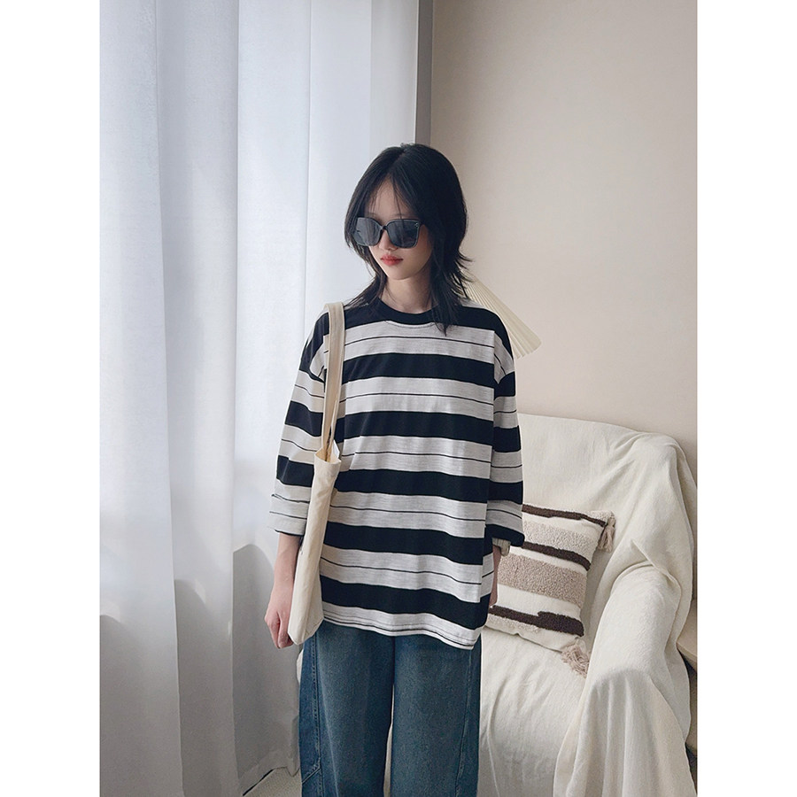 黑白条纹打底衫长袖T恤图片
