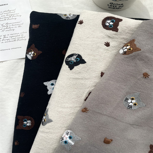 立体猫咪图案刺绣手工diy衣服沙发棉麻布料加厚高档服装面料