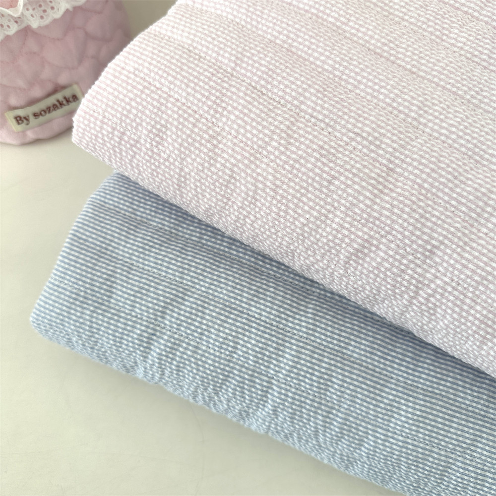 布亦 绗缝夹棉条纹复合面料泡泡细条棉袄里布柔软舒适粉白色布料