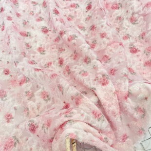 温柔风粉色玫瑰植绒雪纺布 春夏连衣裙洛丽塔汉服手工 DIY 面料