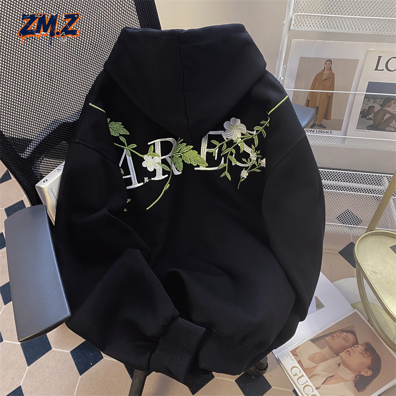 ZM.Z潮牌美式高街花卉刺绣加绒加厚卫衣复古宽松情侣连帽外套上衣