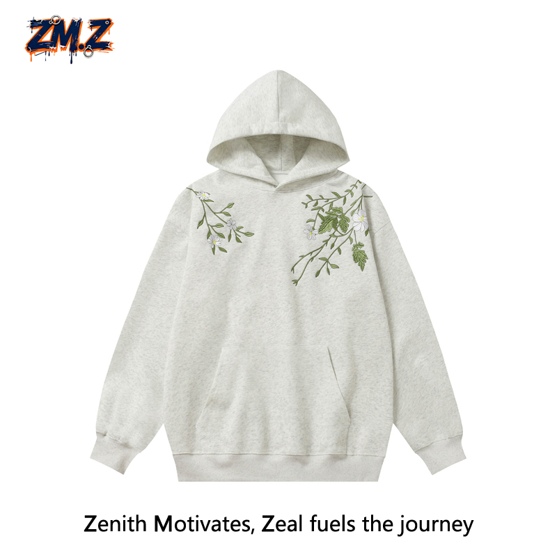 ZM.Z潮牌美式重工刺绣加绒加厚卫衣男女复古宽松情侣连帽外套上衣