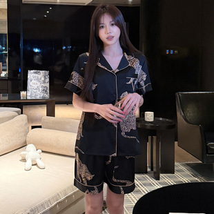 韩版豹纹印花缎面时尚女士睡衣冰丝短袖短裤睡衣套装两件套家居服