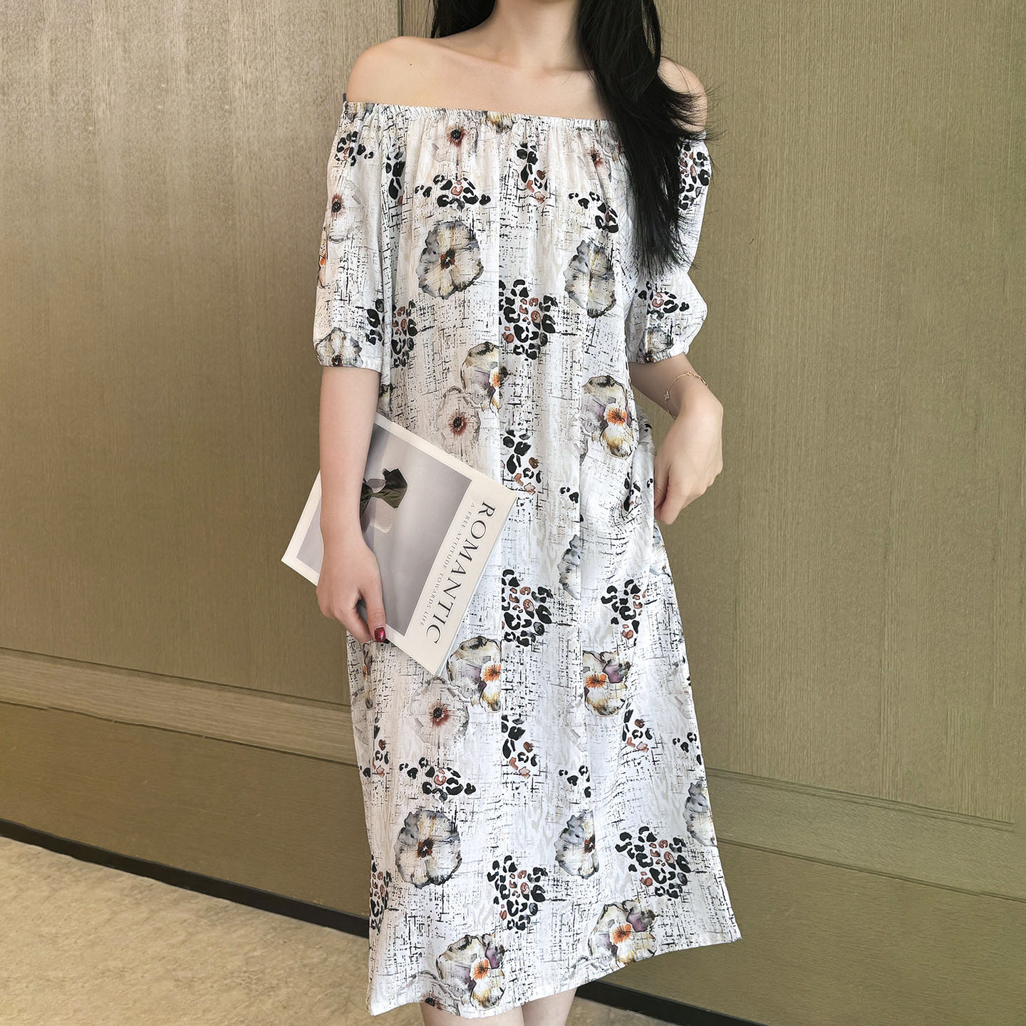 日系一字领棉绸睡裙女士夏季植物花卉印花短袖中长款连衣裙家居服