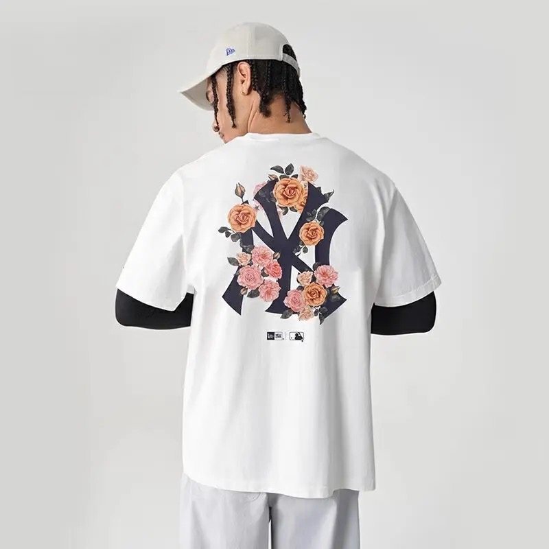New Era纽亦华联名MLB玫瑰花卉纽约洋基队短袖T恤透气情侣NY印花
