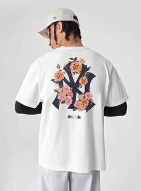 New Era纽亦华联名MLB玫瑰花卉纽约洋基队短袖T恤透气情侣NY印花