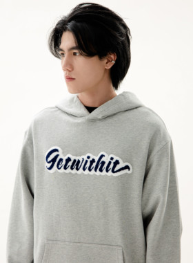 GETWITHIT 植绒刺绣LOGO国潮牌美式校园复古街头情侣连帽卫衣外套