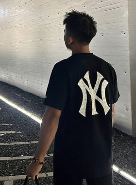 New Era x MLB联名纽约洋基队腰果花印花logo短袖T恤男女春夏透气