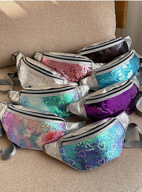 跨境资质外贸批发ins亮片腰包女手机斜挎包时尚PU镭射胸包女批发