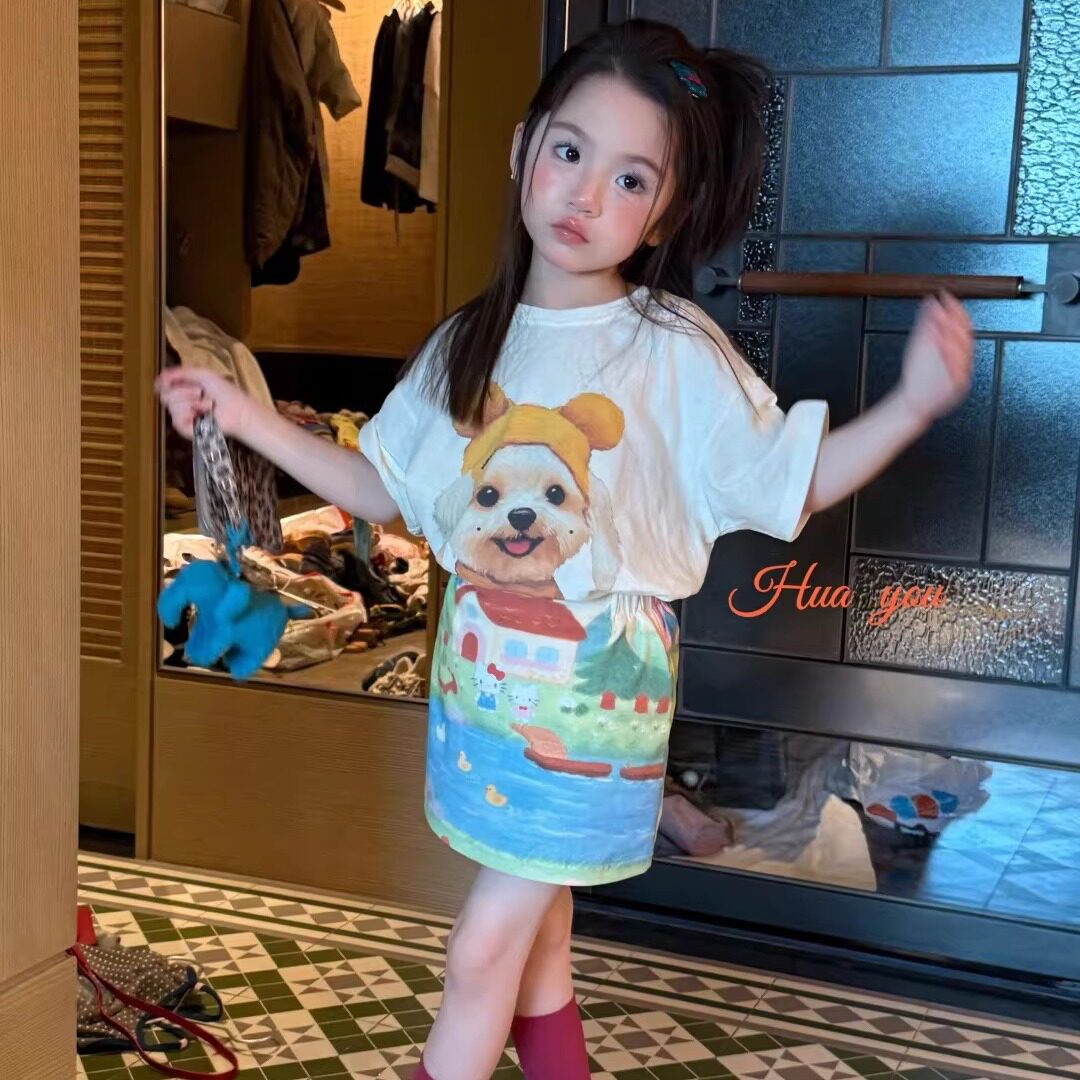 【正品现货】花呦女童短袖T恤2026夏薄新款宝宝卡通印花狗狗上衣