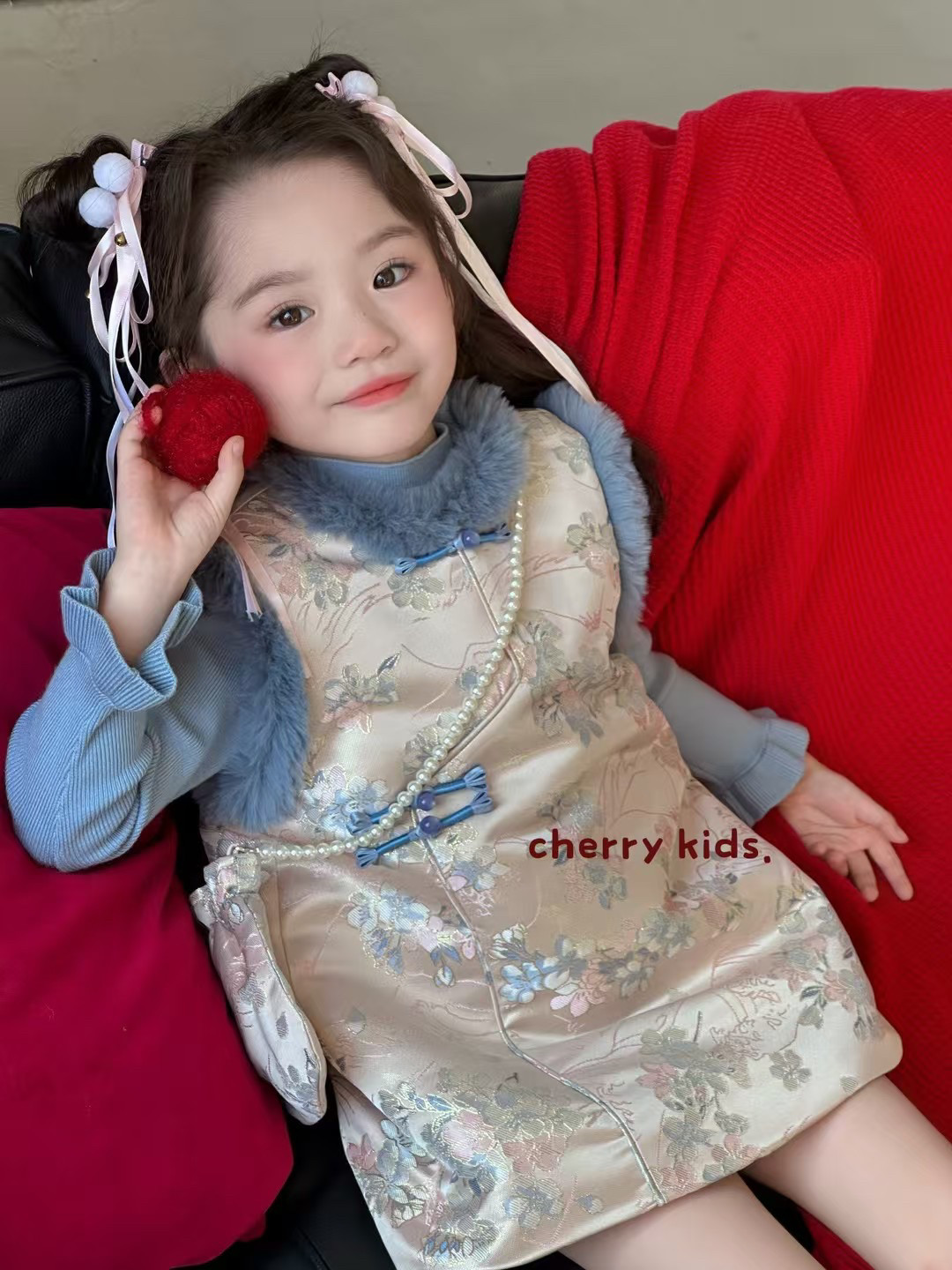 【正品现货】樱桃女童旗袍裙加棉2024冬新款连衣裙套装国风新中式