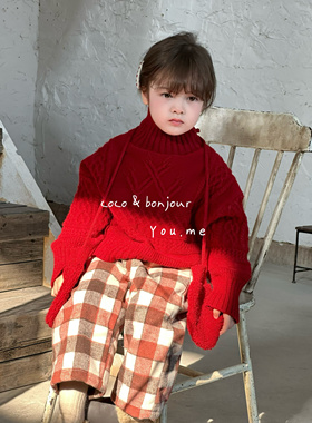 coco女童毛衣套头2024冬装洋气女宝宝红色针织衫带手套圣诞新年