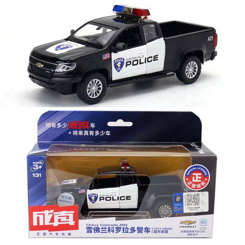 彩珀合金警察玩具车模1:32雪佛兰科罗拉多皮卡警车声光回力四开门