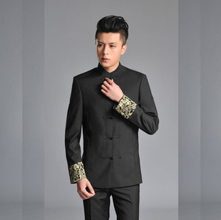 男士立领唐装套装中国风修身商务结婚礼表演出青年西装中山装外套