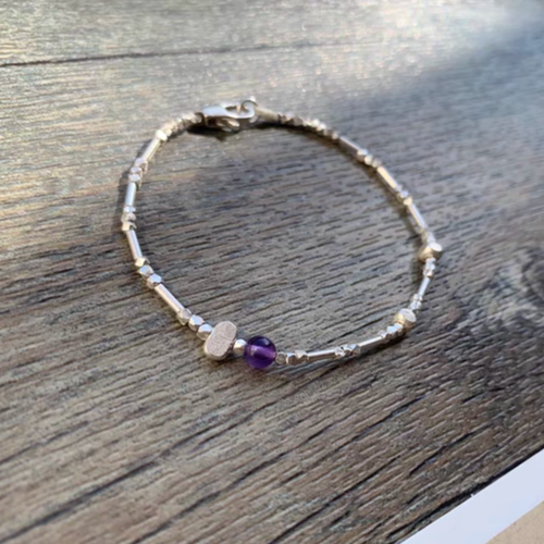 【紫】原创纯银珠不规则碎银手链 手编手链 脚链 情侣手链