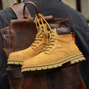 西域骆驼马丁靴男款秋冬款短靴复古工装鞋男高帮厚底隐形增高靴子