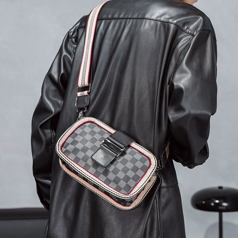 轻商务男士格子潮牌单肩包小方包时尚手机包休闲斜挎包立体情侣包