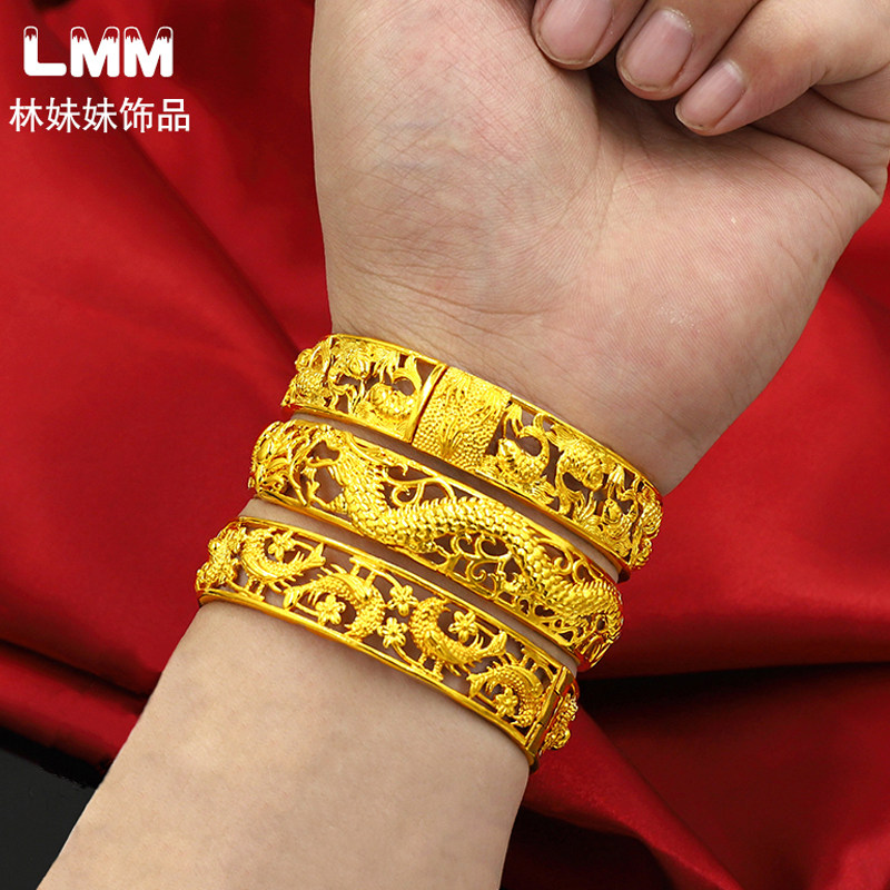 沙金手镯女款喜鹊登枝正品越南合金镀金仿真黄金新娘结婚龙凤镯子