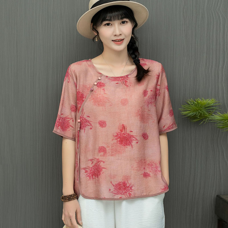 2025夏季天丝麻上衣女中式国风印花女复古民族风绑带棉麻短袖衬衣