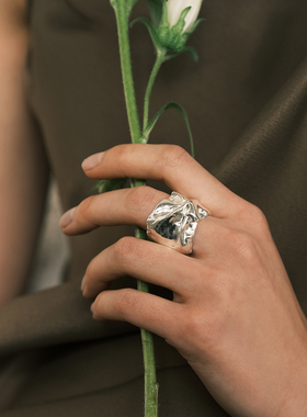 【森制SHINSEI官方】手工雕纹褶皱宽戒指 原创设计纯银饰品