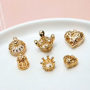 DIY配件 保色铜立体皇冠鸟笼爱心小挂件吊坠耳饰项链手链配饰材料