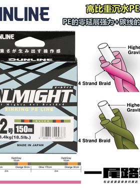 日本SUNLINE进口高比重沉水路亚PE线ALMIGHT碳线的操作感PE灵敏度
