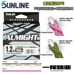 日本SUNLINE进口高比重沉水路亚PE线ALMIGHT碳线的操作感PE灵敏度
