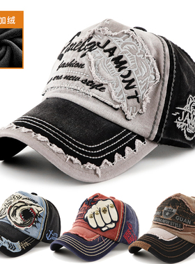 阳冠帽子男帅气秋冬加厚保暖棒球帽时尚做旧牛仔加绒鸭舌帽女潮帽