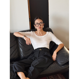 韩国天丝精梳棉大开领中袖 SOTHEA 秋季 佰搭 显瘦上衣TEE 圆领修身