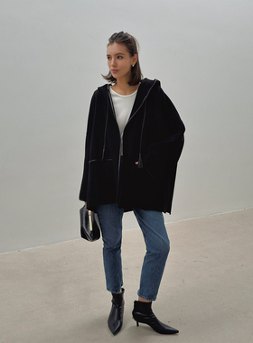 SOTHEA  秋冬羊驼毛双面呢拼皮连帽斗篷毛呢设计感时尚呢子外套