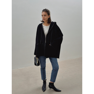 SOTHEA 呢子外套 秋冬羊驼毛双面呢拼皮连帽斗篷毛呢设计感时尚