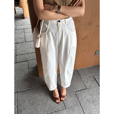 SOTHEA 2025年夏日薄款全棉后松紧腰宽松阔腿打褶锥形裤休闲裤女