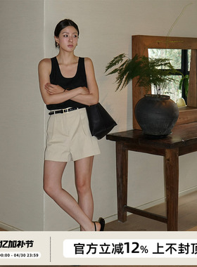 SOTHEA 气质显瘦 夏季棉卡中腰A字打褶巴哈马裤西装短裤休闲裤女