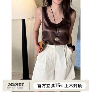 SOTHEA 法式松弛感全棉中高腰A字阔腿百慕大短裤女夏白色百搭裤子